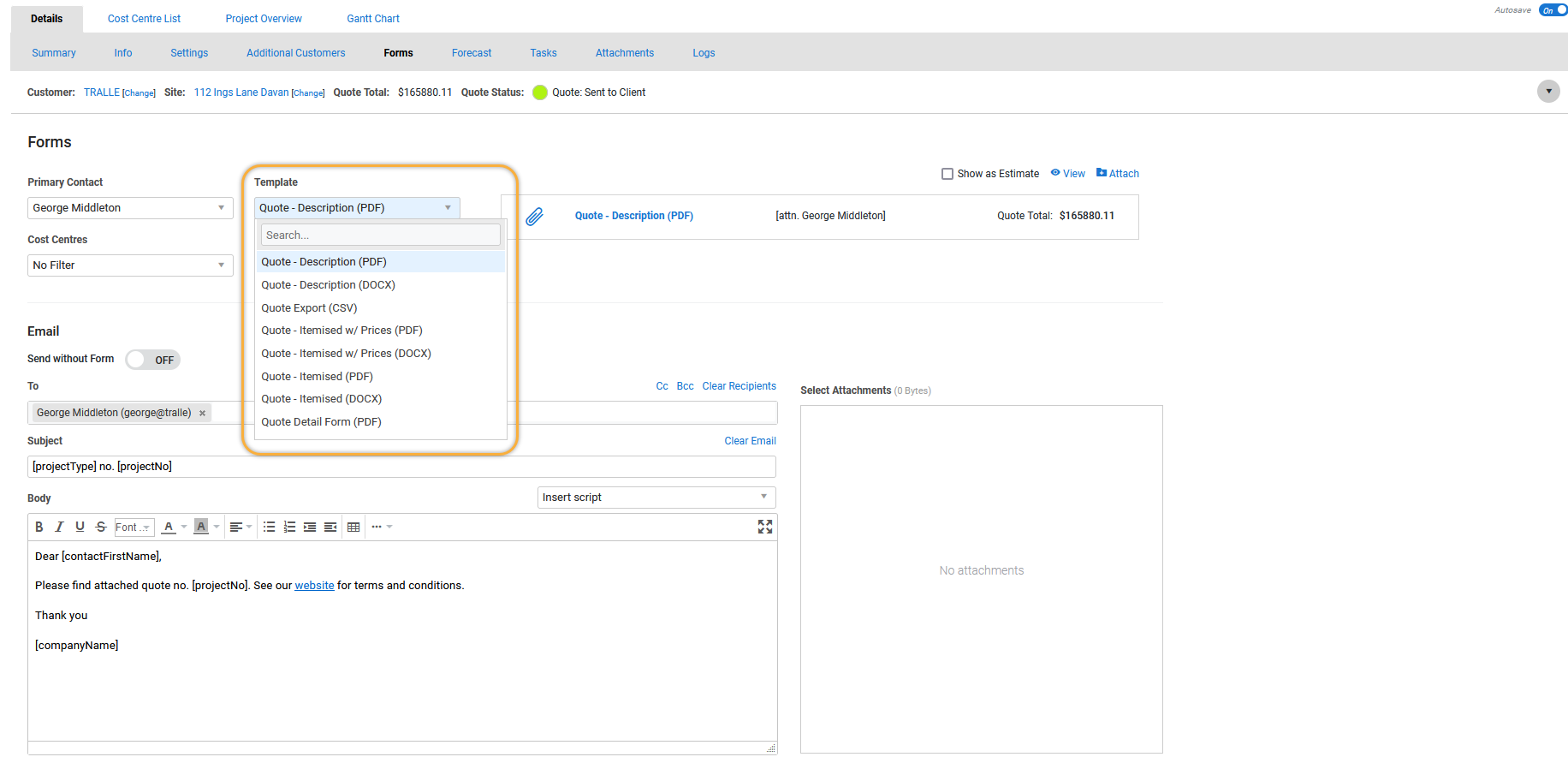 A screenshot of the quote form templates available in the Forms tab of a quote.